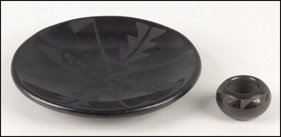 SAN ILDEFONSO BLACKWARE BOWL.: SAN ILDEFONSO BLACKWARE BOWL. Signed 'Juan and Donicia Tafoya 1977'. Together with a blackware plate signed 'Santana and Adam' (diameter 6.5") H: .75" x Diameter 1.25"