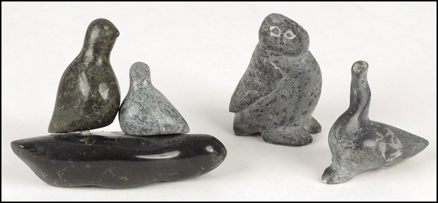 COLLECTION OF FOUR INUIT CARVED SOAPSTONE BIRDS.: COLLECTION OF FOUR INUIT CARVED SOAPSTONE BIRDS. From Clyde River, and Repulse Bay. Makers include Christine Audluck and Sani Apar. Bottoms signed in Inuit Tallest Height 2.5"