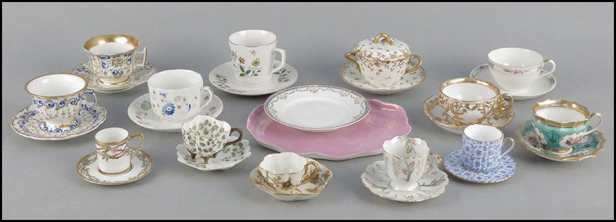 SET OF TWELVE L. BERNARDAUD PORCELAIN BREAD PLATES.: SET OF TWELVE L. BERNARDAUD PORCELAIN BREAD PLATES. Together with a set of twelve gilt porcelain salad plates with nine matching fruit bowls, thirteen porcelain cups with saucers, and a pink luster po