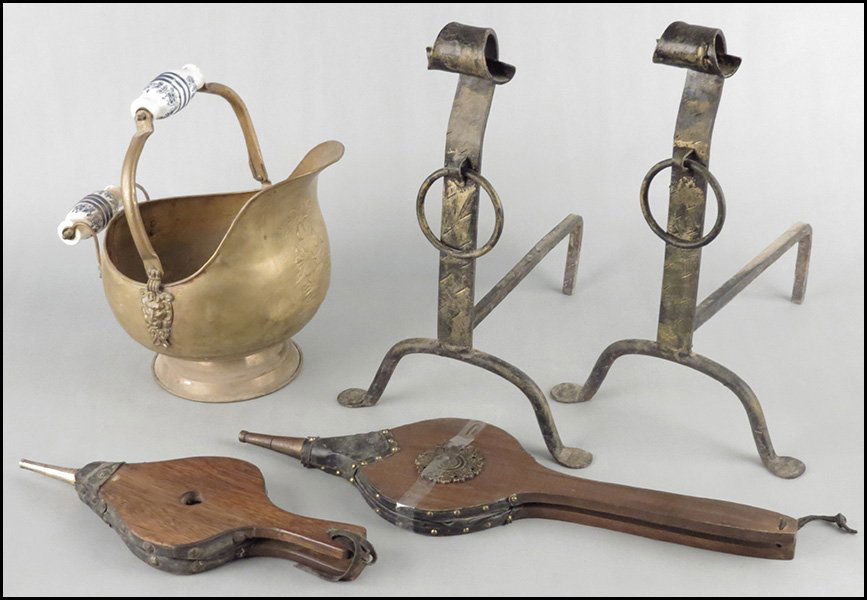 PAIR OF ANDIRONS.: PAIR OF ANDIRONS. Together with two fire bellows and a brass coal pail H: 18" x W: 12" X D: 14"