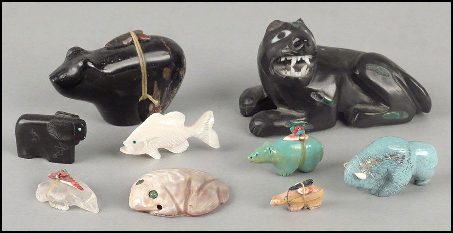 COLLECTION OF NINE ZUNI ANIMAL FETISHES.: COLLECTION OF NINE ZUNI ANIMAL FETISHES. Includes fetishes made from alabaster, turquoise, rock crystal, shell, and picasso marble. Makers include Terry Banteah, Ulysse Makhee, Melvin Sandoval, and Am