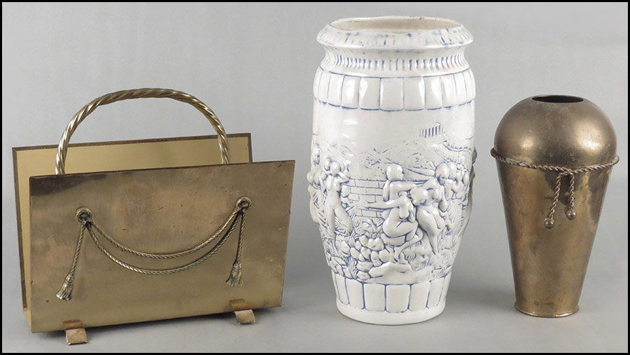 PEERAGE ENGLISH BRASS MAGAZINE RACK.: PEERAGE ENGLISH BRASS MAGAZINE RACK. Together with a blue and white earthenware umbrella stand, and a brass vase Umbrella stand: 18"