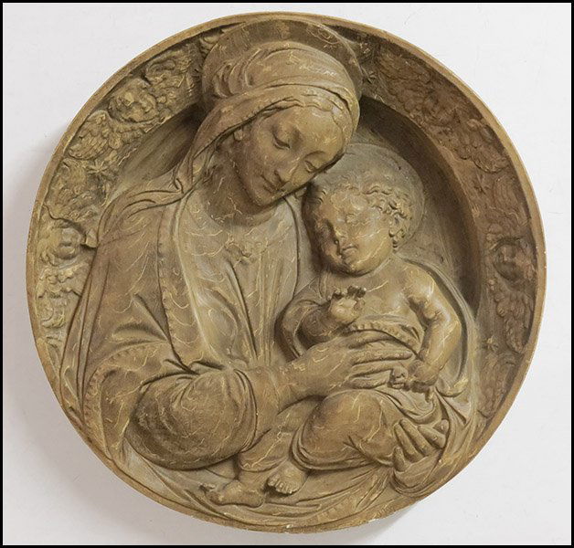 PAINTED FIBERGLASS PLAQUE OF THE MADONNA AND CHILD.: PAINTED FIBERGLASS PLAQUE OF THE MADONNA AND CHILD. Diameter: 28"