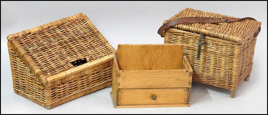 TWO WICKER FISHING BASKETS.: TWO WICKER FISHING BASKETS. Together with a wood letter box H:13" x W:16" x D:11"