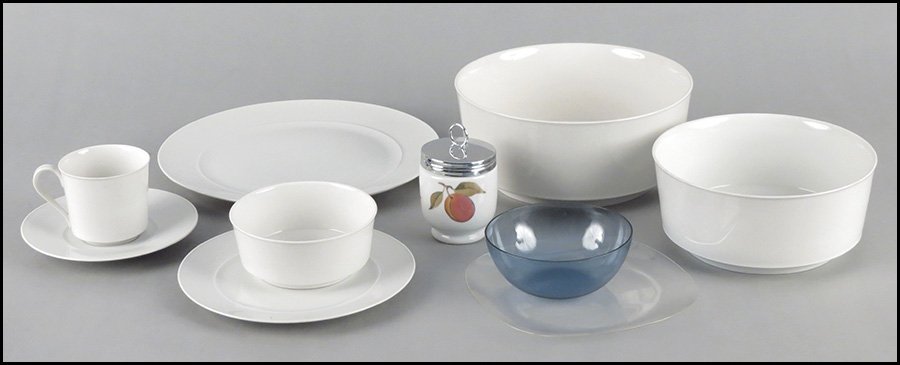 BLOCK DINNER SERVICE.: BLOCK DINNER SERVICE. In the 'Chateau Blanc' pattern. Comprised of eleven dinner plates, two serving platers, twelve saucers, twelve coffee cups, five fruit cups, and two serving bowls. Together with 