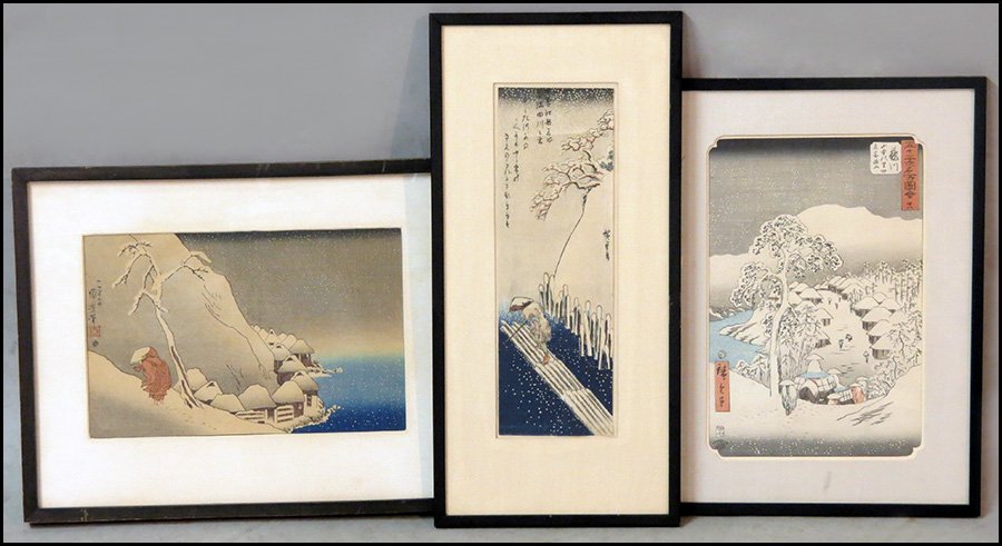 ANDO HIROSHIGE, (JAPANESE, 1797-1858) SNOW ON THE SUMID: ANDO HIROSHIGE, (JAPANESE, 1797-1858) SNOW ON THE SUMIDA RIVER. Woodblock. Published by Kawasho. Together with Ando Hiroshige woodblock 'Fujikawa in the Snow', and an unknown artist woodblock print de