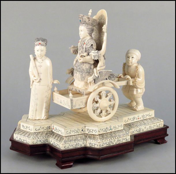 CHINESE CARVED IVORY AND VENEER FIGURAL GROUP.: CHINESE CARVED IVORY AND VENEER FIGURAL GROUP. The Empress on her chariot with attendants L:16"