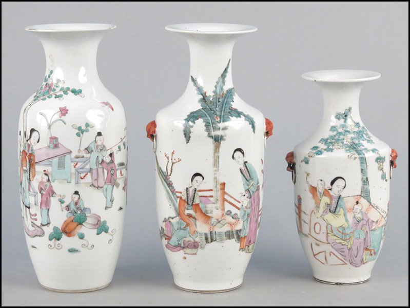 THREE PORCELAIN VASES.: THREE PORCELAIN VASES. All three are decorated with scenes of mothers and children Tallest: 10.9"