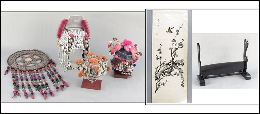 JAPANESE PAINTED SCROLL.: JAPANESE PAINTED SCROLL. Includes a Japanese lacquered stand. Together with a Chinese headdress, a Cambodian headress, a Chinese Miao culture headdress, and a coin decorative hanging