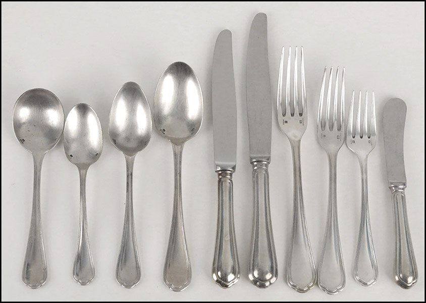 CHRISTOFLE SILVERPLATE FLATWARE SERVICE IN THE SPARTOUR: CHRISTOFLE SILVERPLATE FLATWARE SERVICE IN THE SPARTOURS PATTERN. Comprised of seven dinner forks, six luncheon forks, twelve salad forks, three dessert forks, seven tablespoons, fourteen teaspoons, s