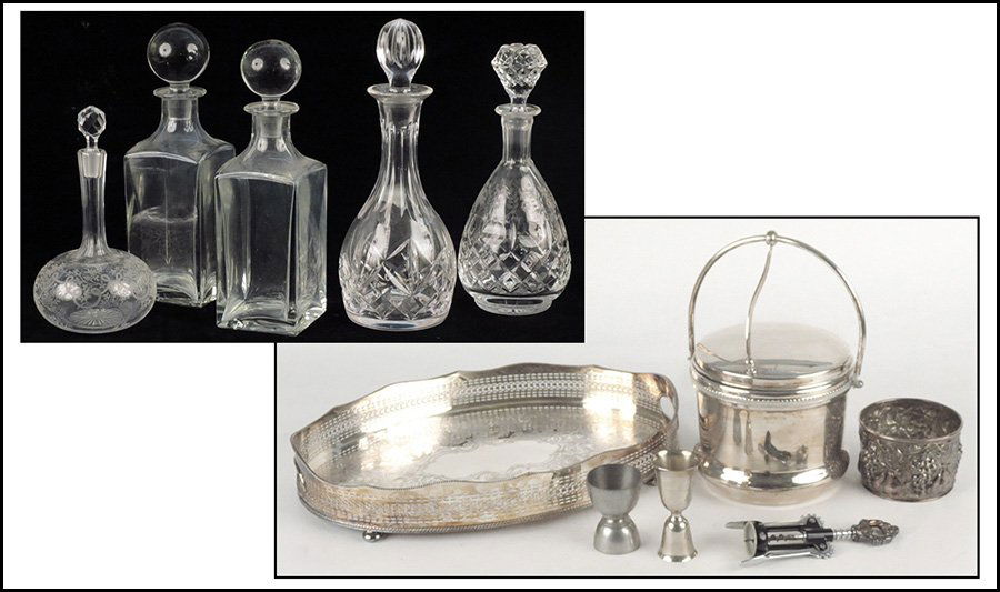 COLLECTION OF BAR ITEMS.: COLLECTION OF BAR ITEMS. Includes a glass silverplate tray, a silverplate ice bucket, silverplate wine coaster, five glass decanters, and a sterling silver shot cup Tray size 12" x 18"