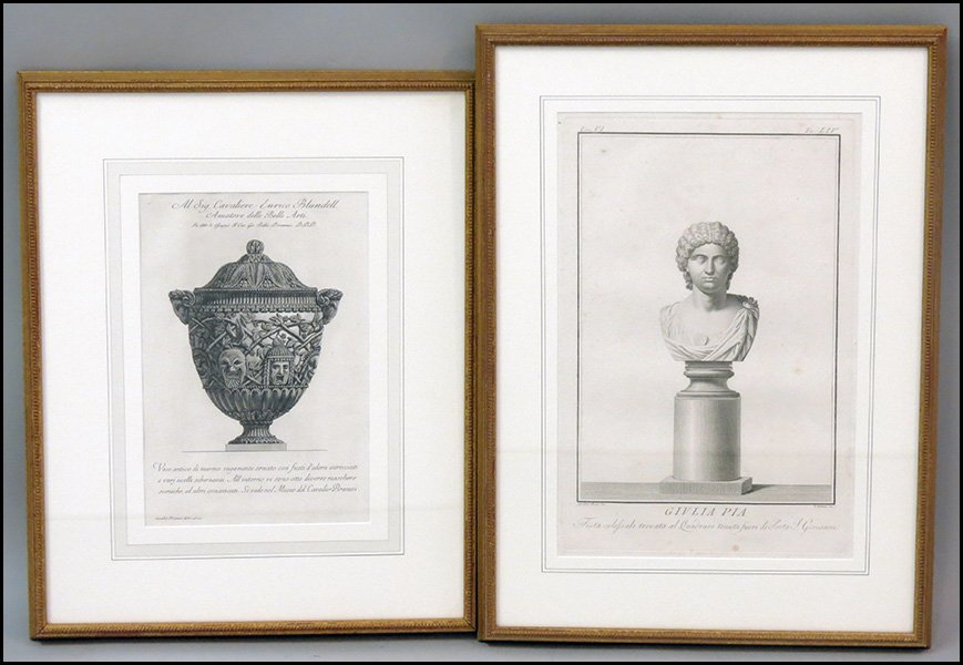 PIRANESI: VASE WITH MASKS.: PIRANESI: VASE WITH MASKS. Engraving, signed in plate. Sight: 15" x 10" Together with a Domenico Del Frate engraving of "Giulia Pia" sight: 20" x 13"