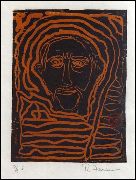 RAPHAEL FERRER (PUERTO RICAN, B.1933) AUTORETRATO.: RAPHAEL FERRER (PUERTO RICAN, B.1933) AUTORETRATO. Woodblock, edition p/p5. Pencil signed LR, unframed 19" x 12.5"