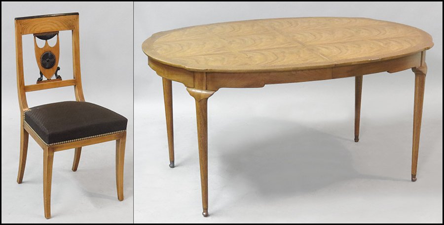 SET OF THREE BIEDERMEIER STYLE SIDE CHAIRS.: SET OF THREE BIEDERMEIER STYLE SIDE CHAIRS. Together with a walnut dining table (H: 29 x W: 37" x D: 58") with three leaves (15") Back height: 34.5"