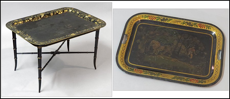 ANTIQUE TOLE TRAY TABLE.: ANTIQUE TOLE TRAY TABLE. Together with an additional tray H: 19" W: 30.5" D: 23"