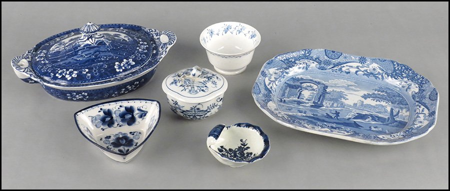 COLLECTION OF BLUE AND WHITE PORCELAIN TABLE ARTICLES.: COLLECTION OF BLUE AND WHITE PORCELAIN TABLE ARTICLES. Comprised of a Meissen covered dish in the Blue Onion pattern, a Delft shell dish, a Gzhel bowl, a bowl, a Spode serving platter in the Italian p