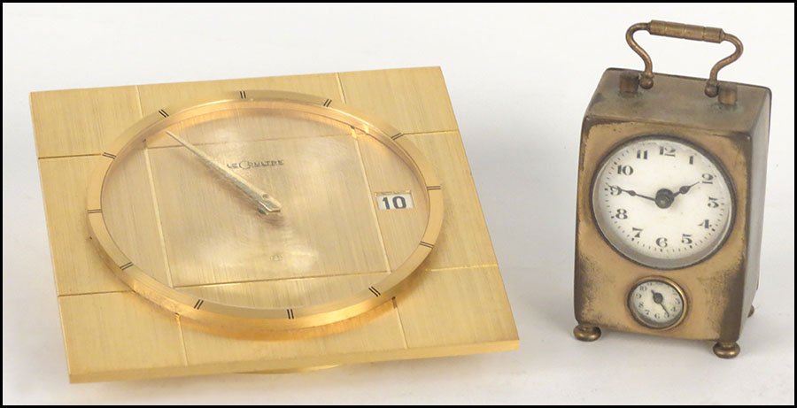 LE COULTRE BRASS DESK CLOCK.: LE COULTRE BRASS DESK CLOCK. With original box. Together with a brass winding travel clock LeCoultre: 1.5" x 4.5" x 4.5"