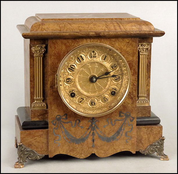 SETH THOMAS ADAMANTINE MANTLE CLOCK.: SETH THOMAS ADAMANTINE MANTLE CLOCK. With key H: 11.5" W: 12" D: 6"