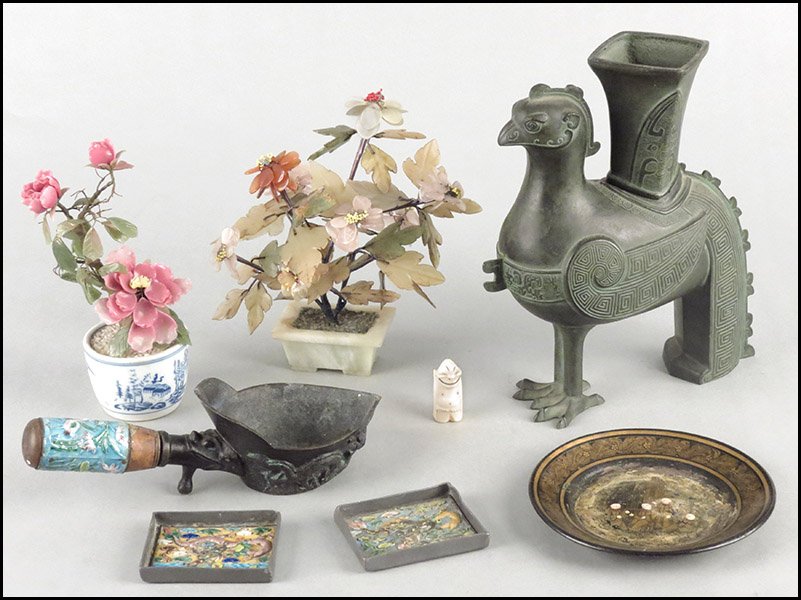 CHINESE ENAMEL HANDLED CUP.: CHINESE ENAMEL HANDLED CUP. Together with a papier mache plate, two hardstone and glass trees, two Chinese enamel dishes, and a patinated metal bird vessel