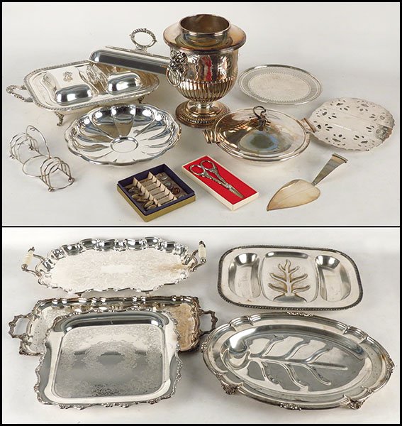COLLECTION OF SILVERPLATE TABLE ARTICLES.: COLLECTION OF SILVERPLATE TABLE ARTICLES. Includes covered serving dishes, trays, a wine chiller, and other various serving dishes Largest tray 10" x 24"