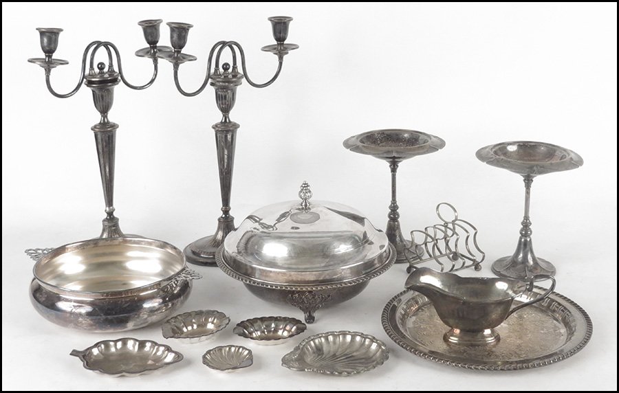 PAIR OF SILVERPLATE TWO-LIGHT CANDELABRA.: PAIR OF SILVERPLATE TWO-LIGHT CANDELABRA. Together with a silverplate toast rack, sauce boat, pair of compotes two covered serving bowls, and various decorative objects