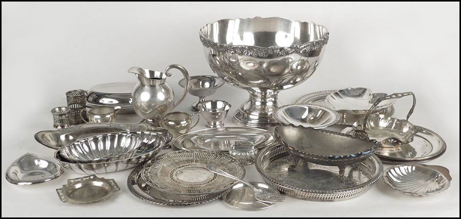 AMERICAN SILVERPLATE PUNCH BOWL.: AMERICAN SILVERPLATE PUNCH BOWL. Together with silverplate trays and bowls, serving utensils, and decorative objects