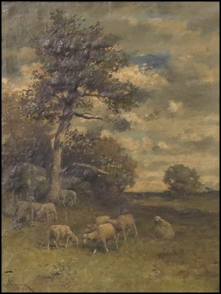 HARRY IVES THOMPSON (AMERICAN 1840-1906) SHEEP IN LANDS: HARRY IVES THOMPSON (AMERICAN 1840-1906) SHEEP IN LANDSCAPE. Oil on canvas mounted to board, signed lower left 'H. Thompson;' Frame: 36.25 x 30.25" 23.75" x 18"