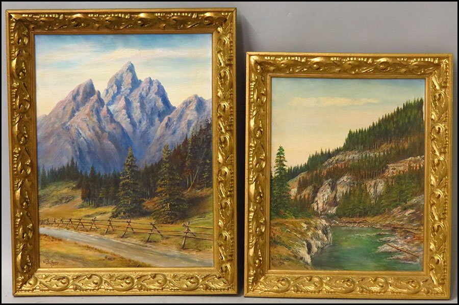 W. PHIL ADAMS (20TH CENTURY) TWO OIL PAINTINGS.: W. PHIL ADAMS (20TH CENTURY) TWO OIL PAINTINGS. Oil on board. 'River Through the Pass' (1969) and 'Blue Peaks' (1966). Signed and dated LL Larger 24" x 18"