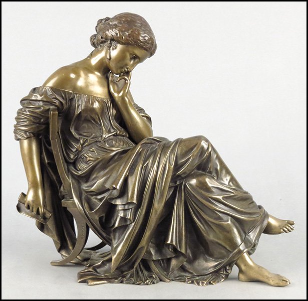 AFTER MATHURIN MOREAU (FRENCH 1822-1912 ) BEAUTY IN REP: AFTER MATHURIN MOREAU (FRENCH 1822-1912 ) BEAUTY IN REPOSE. Patinated bronze. Signed on the chair Height 12.5"