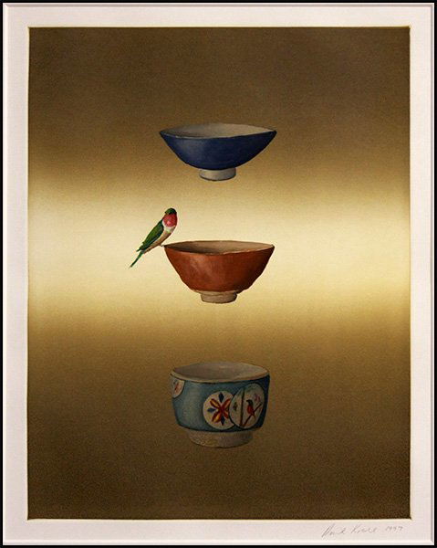 DAVID KROLL (AMERICAN, B. 1956) A BIRD AND THREE BOWLS,: DAVID KROLL (AMERICAN, B. 1956) A BIRD AND THREE BOWLS, 1997. Color etching. Pencil signed and dated LR Framed: 27.5" x 33"