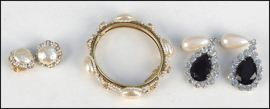 MIRIAM HASKELL RHINESTONE AND FAUX PEARL DEMI-PARURE.: MIRIAM HASKELL RHINESTONE AND FAUX PEARL DEMI-PARURE. Comprised of a bracelet and pair fo earclips. together with a pair of Kirks Folly rhinestone and faux pearl earclips