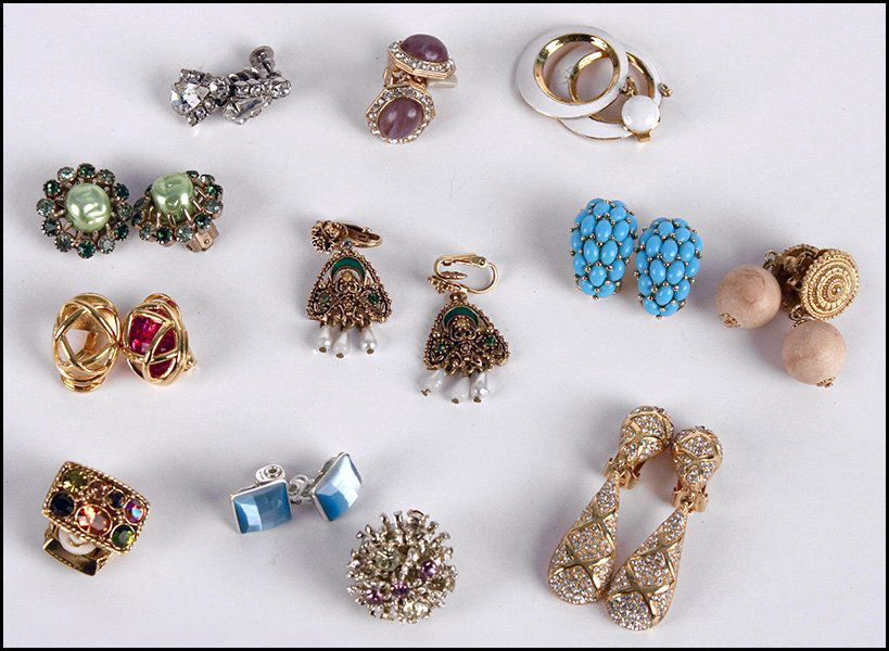TWELVE PAIRS OF SIGNED EARCLIPS.: TWELVE PAIRS OF SIGNED EARCLIPS. Including Christian Dior, Florenza, Trifari, Weiss, Ciner, Joan Rivers, Kenneth Lane, Coro, and Lisner
