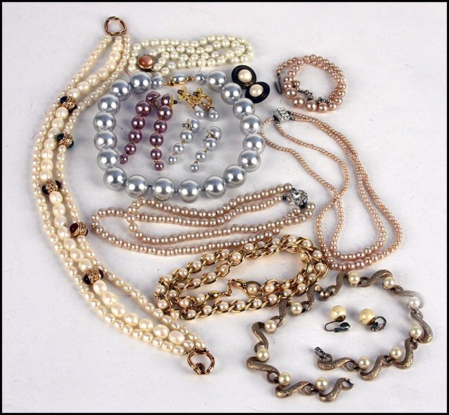 GIVENCHY THREE-STRAND FAUX PEARL NECKLACE.: GIVENCHY THREE-STRAND FAUX PEARL NECKLACE. Together with faux pearl bracelets, necklaces, and earrings