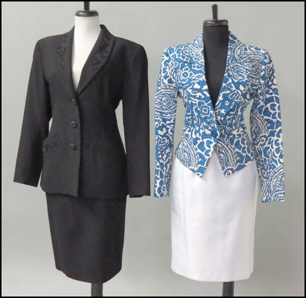 TWO YVES SAINT LAURENT ENCORE ENSEMBLES.: TWO YVES SAINT LAURENT ENCORE ENSEMBLES. Comprised of a blue and white quilted cotton jacket, and a white skirt. Together with a black wool jacket with applied braided decoration, and a coordinating b
