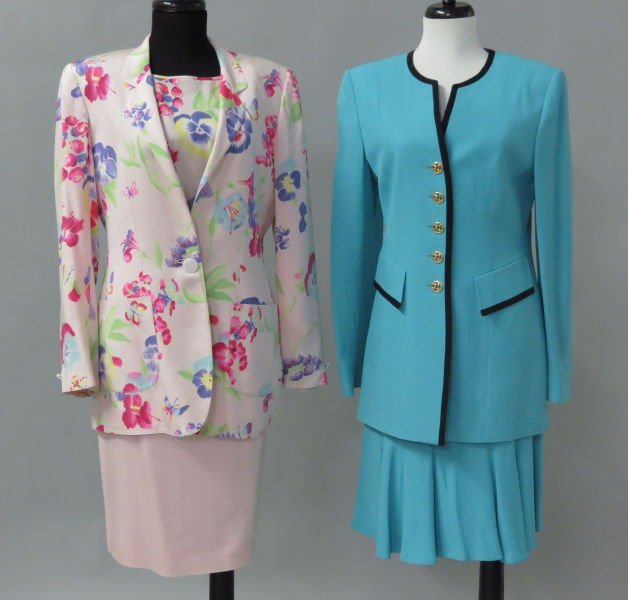 LOUIS FERAUD TURQUOISE SKIRT SUIT.: LOUIS FERAUD TURQUOISE SKIRT SUIT. Comprised of a single breasted jacket, and a skirt with flounce hemline. Together with an Emmanuel Ungaro silk ensemble: comprising a floral print jacket and blouse,