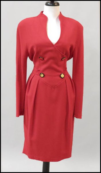 GUY LAROCHE RED WOOL CREPE DRESS.: GUY LAROCHE RED WOOL CREPE DRESS. Double breasted faux front closure, rear zip and belt Size 10