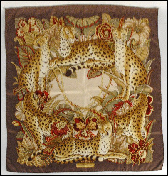 SALVATORE FERRAGAMO SILK SCARF.: SALVATORE FERRAGAMO SILK SCARF. Jungle print 35" x 35"