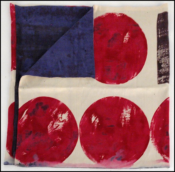 NICK CAVE PAINTED SILK SCARF.: NICK CAVE PAINTED SILK SCARF. One side bears large abstract pink dots, reversing to a mottled blue. Signed at one corner 86" x 22"