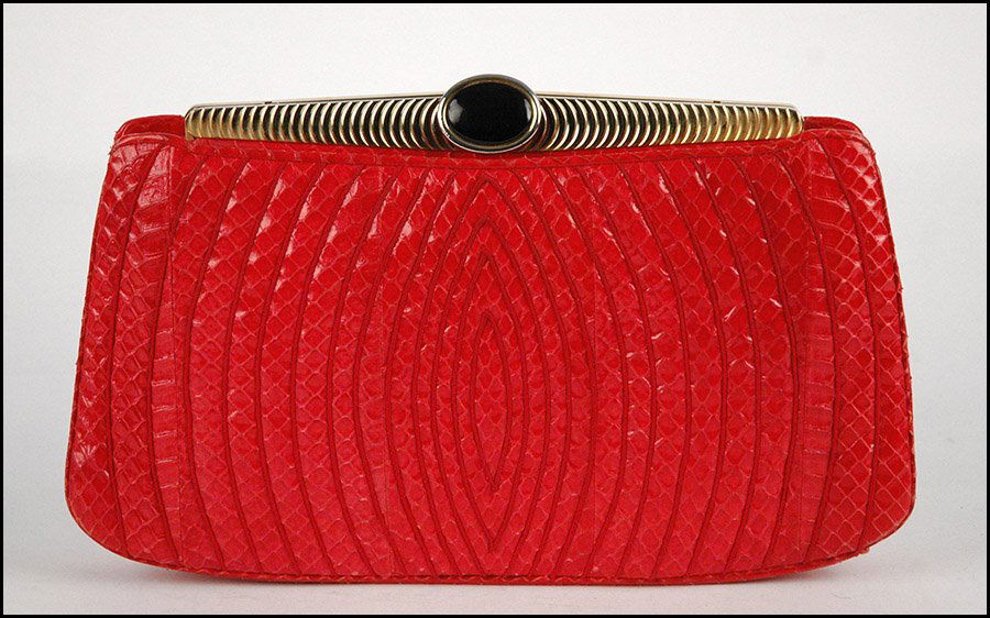 JUDITH LEIBER RED SNAKESKIN CLUTCH HANDBAG,: JUDITH LEIBER RED SNAKESKIN CLUTCH HANDBAG, With a concealed snakeskin strap 7.5" x 12"