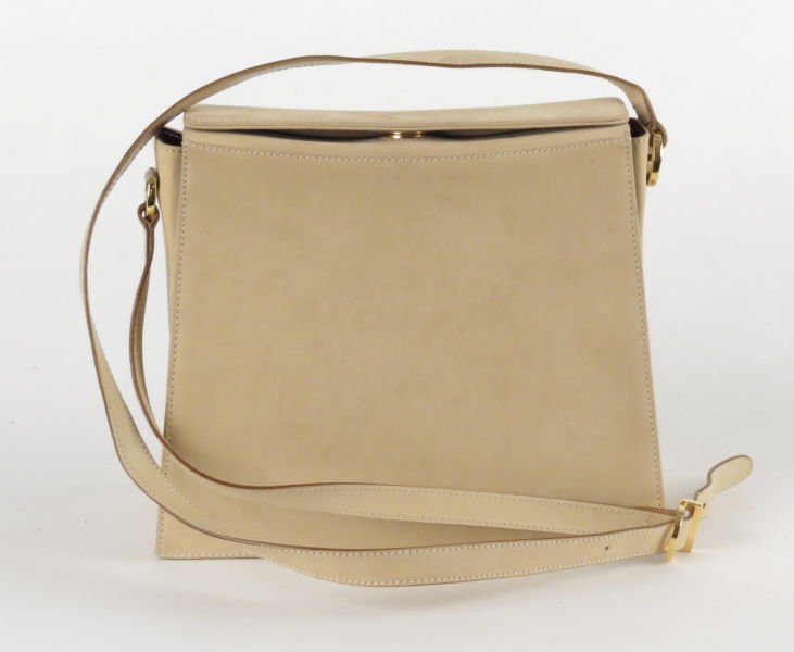SALVATORE FERRAGAMO SUEDE STRUCTURED SHOULDER BAG.: SALVATORE FERRAGAMO SUEDE STRUCTURED SHOULDER BAG. Featuring clasp closure and leather adjustable strap Height: 8.5" Length: 9"
