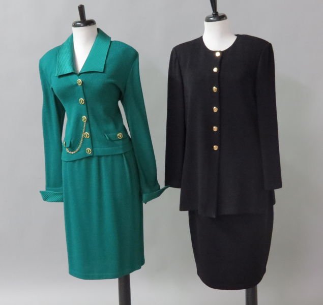 TWO ST. JOHN KNIT SKIRT SUITS.: TWO ST. JOHN KNIT SKIRT SUITS. Comprised of a green jacket with quilted collar and cuffs, and a coordination skirt. Together with a black button front jacket and skirt Sizes 6 - 8 - 10