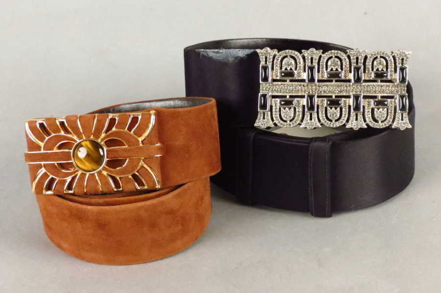JUDITH LEIBER BLACK SATIN BELT.: JUDITH LEIBER BLACK SATIN BELT. Together with a Judith Leiber brown suede belt