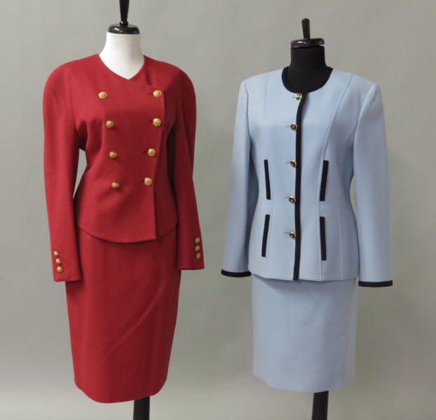 LOUIS FERAUD RED WOOL BLEND SKIRT SUIT.: LOUIS FERAUD RED WOOL BLEND SKIRT SUIT. Comprised of a double breasted jacket and skirt. Together with a Louis Feraud blue wool skirt suit comprised of a jacket entirely piped in black wool and a skir