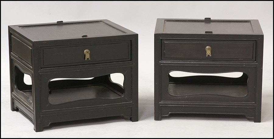 PAIR OF EBONIZED WOOD SINGLE DRAWER LOW TABLES.: PAIR OF EBONIZED WOOD SINGLE DRAWER LOW TABLES. H: 15" W: 18" D: 16"