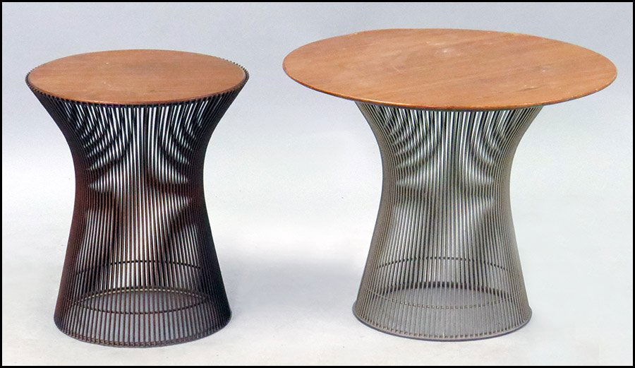 TWO WARREN PLATNER FOR KNOLL SIDE TABLES.: TWO WARREN PLATNER FOR KNOLL SIDE TABLES. Larger height: 18.5" x diameter: 24" Smaller height 18.5" x 25.5"