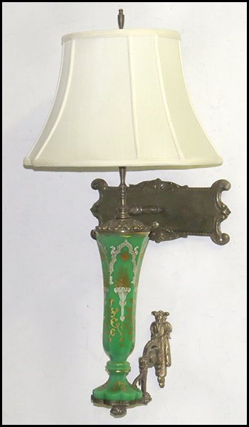 PAIR OF GILT AND PAINTED OPALINE VASES FITTED AS WALL S: PAIR OF GILT AND PAINTED OPALINE VASES FITTED AS WALL SCONCES. In three pieces Vases- H: 13''