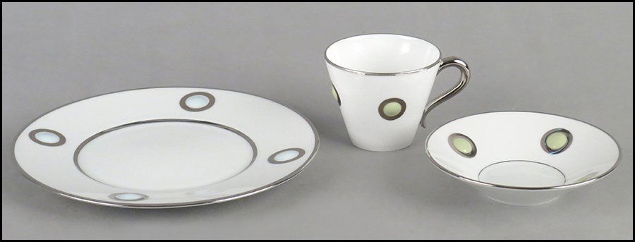 OLIVIER GAGNERE FOR BERNARDAUD LIMOGES PORCELAIN PARTIA: OLIVIER GAGNERE FOR BERNARDAUD LIMOGES PORCELAIN PARTIAL TABLE SERVICE. Comprised of 16 plates (D: 8.5'') and 16 teacups and saucers in the Ithaque pattern