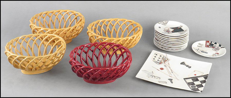 GIEN FRENCH PORCELAIN PARTIAL TABLE SERVICE IN THE JEUX: GIEN FRENCH PORCELAIN PARTIAL TABLE SERVICE IN THE JEUX PATTERN. Comprised of twelve plates (D: 6.75'') and a square platter. Together with four ceramic openwork baskets