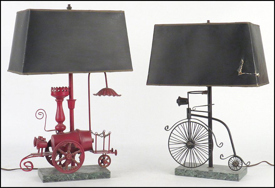 TWO TABLE LAMPS.: TWO TABLE LAMPS. One in the form of a unicycle and the other in the form of a steam engine Height: 20"