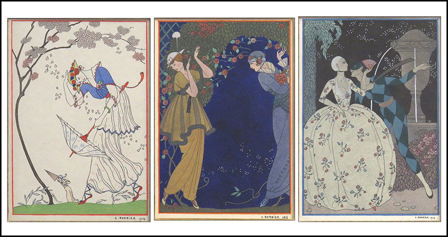THREE PRINTS AFTER GEORGE BARBIER.: THREE PRINTS AFTER GEORGE BARBIER. Lithographs in color Framed: 19" x 16"